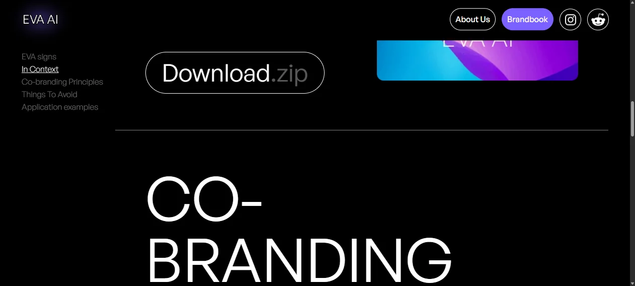 Eva AI brandbook In Context and co-branding navigation