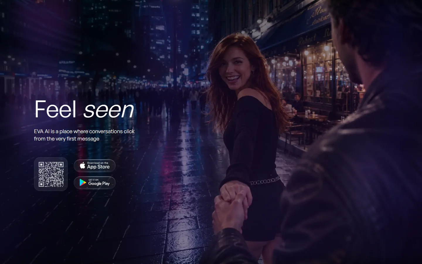 Public Eva AI home page with Feel seen message and store badges